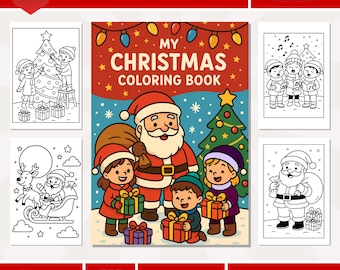 May include: A colorful Christmas coloring book with the title "My Christmas Coloring Book" on the cover. The cover features Santa Claus and children with gifts. Additional pages show line drawings of Christmas scenes.