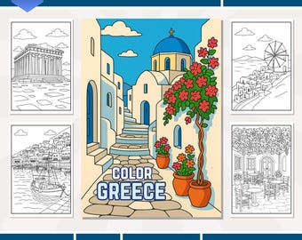 Greece Coloring Pages | Printable Coloring Book | Santorini, Temples, Mythology, Landscapes | Travel & Culture Activity