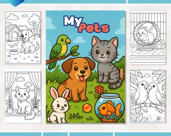 Cute Pets Coloring Book for Kids | Dog, Cat, Rabbit & More | Easy Animal Coloring Pages | Printable PDF/PNG