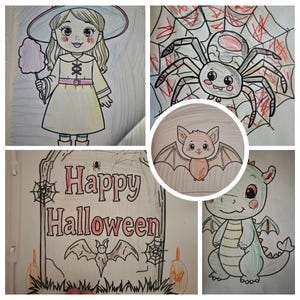 Op de afbeelding: Een collage van Halloween-kleurplaten. Bevat een heks met suikerspin, een spin in een web, een vleermuis, een grafsteen met de tekst "Happy Halloween" en een groene draak. Alle afbeeldingen zijn met de hand getekend en ingekleurd.