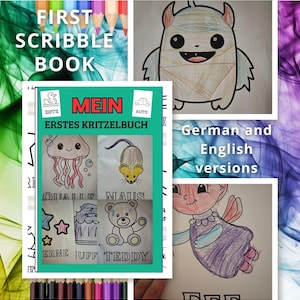 Könnte beinhalten: Ein Kinder-Aktivitätsbuch mit dem Titel "First Scribble Book" und Zeichnungen eines Monsters, einer Qualle, einer Maus, eines Teddybären und einer Fee. Das Buchcover ist auf Deutsch mit dem Titel "Mein Erstes Kritzelbuch".