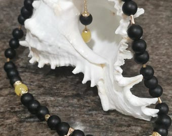 Black Matte Agate & Selenite Sun Pendant Necklace: 14k Gold Plated