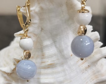Blue Agate Dangle Earrings: 14k Gold Plated