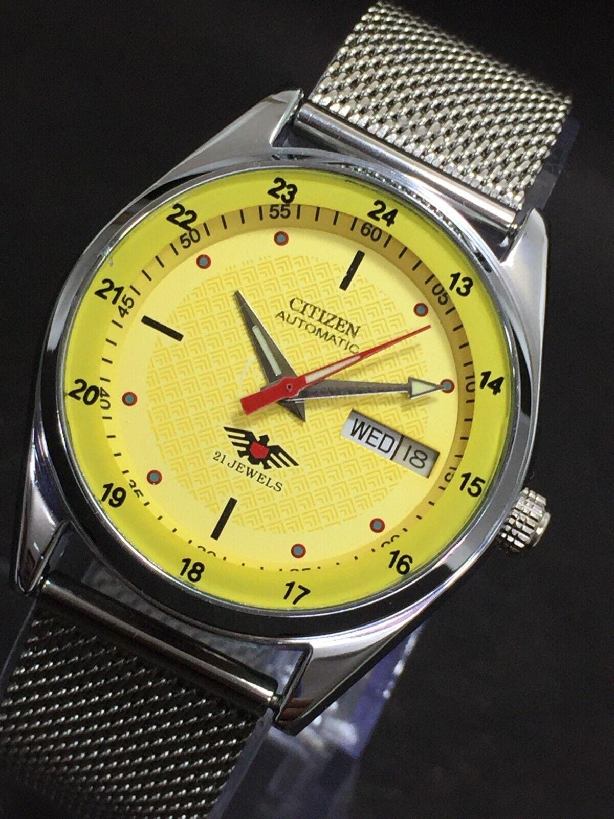 Vintage Citizen Automatic Watch Day/Date, Yellow Dial, Stainless Steel