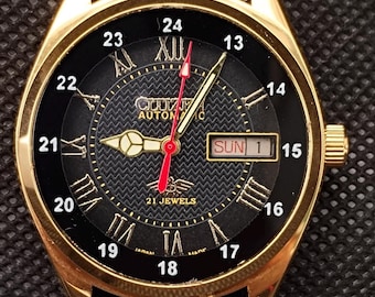 Vintage Citizen Automatic Day-Date Watch: Black Dial, Gold Accents