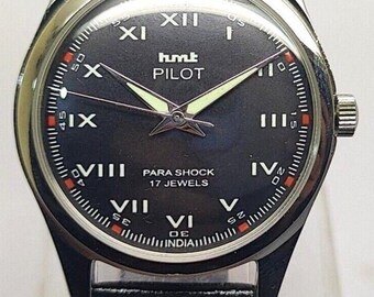 Reloj de pulsera vintage HMT Pilot mecánico de cuerda manual con esfera negra y 17 joyas para hombre. Reloj vintage.