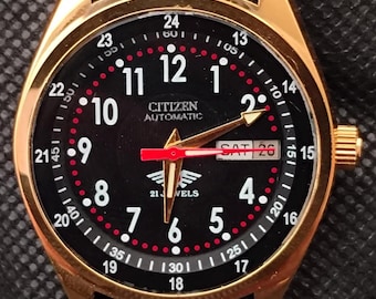 Vintage Citizen Automatic Watch: Black Dial Day-Date, Gold Accents