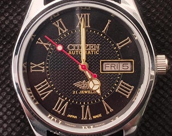 Vintage Citizen Automatic Watch: Black Dial Day/Date, 21 Jewels