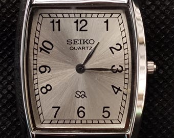 vintage Seiko Slim Tank Quartz Gray Dial Japan Made Brown Strap Men's Wrist Watch