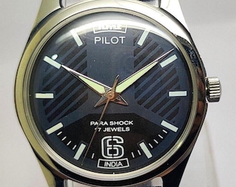 Reloj de pulsera vintage HMT Pilot mecánico de cuerda manual con esfera negra y 17 joyas para hombre. Reloj vintage.