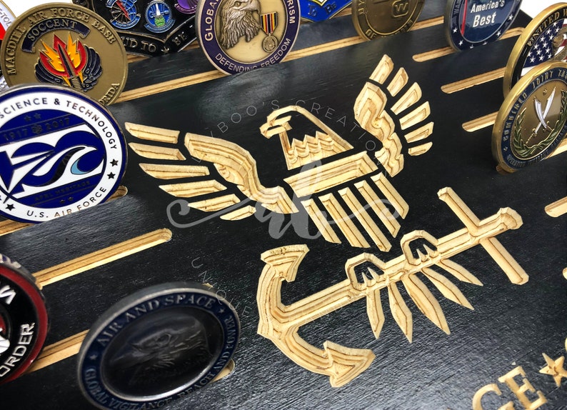 25 Coins Navy Anchor Eagle Logo USA Wood Flag Military Challenge Coin Desk Display Holder Rack Veteran Retirement Promotion Gift for Dad image 4