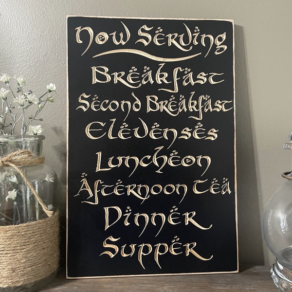 Hobbit Daily Meals Menu Second Breakfast Rustic Distressed Engraved Wood Sign Hobbit LOTR Kitchen Farmhouse Geek Decor Decor Housewarming