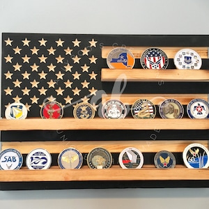 40 Coins Black and White US Flag Challenge Coin Recovery Token Casino Chip Display Holder Rack Rustic Distressed Burned Wood
