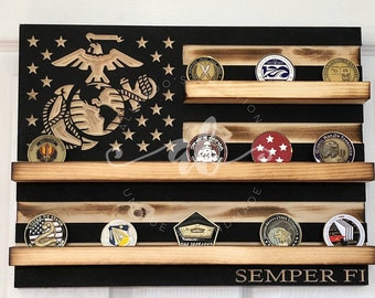 40 Coins USMC Marines Challenge Coin Display Holder American Wood Flag EGA Marine Corps Semper Fi Retirement Promotion Military Dad Gift