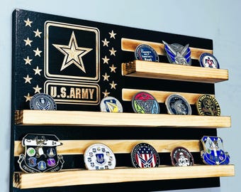 40 Coin U.S. Army Soldier Challenge Coin Display, Army Retirement Promotion Gift, Rustic Wood Flag
