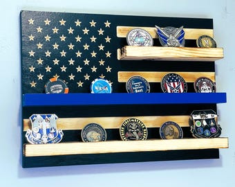 40 Coins Thin Blue Line Challenge Coin Display Wood American Flag Rustic Decor Wall Mounted Police Law Enforcement Officer Cop Dad Gift