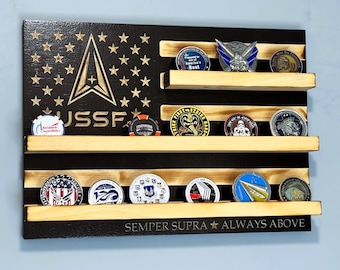 40 Coin Space Force USSF Challenge Coin Display, Retirement Promotion Gift, Rustic Wood Flag