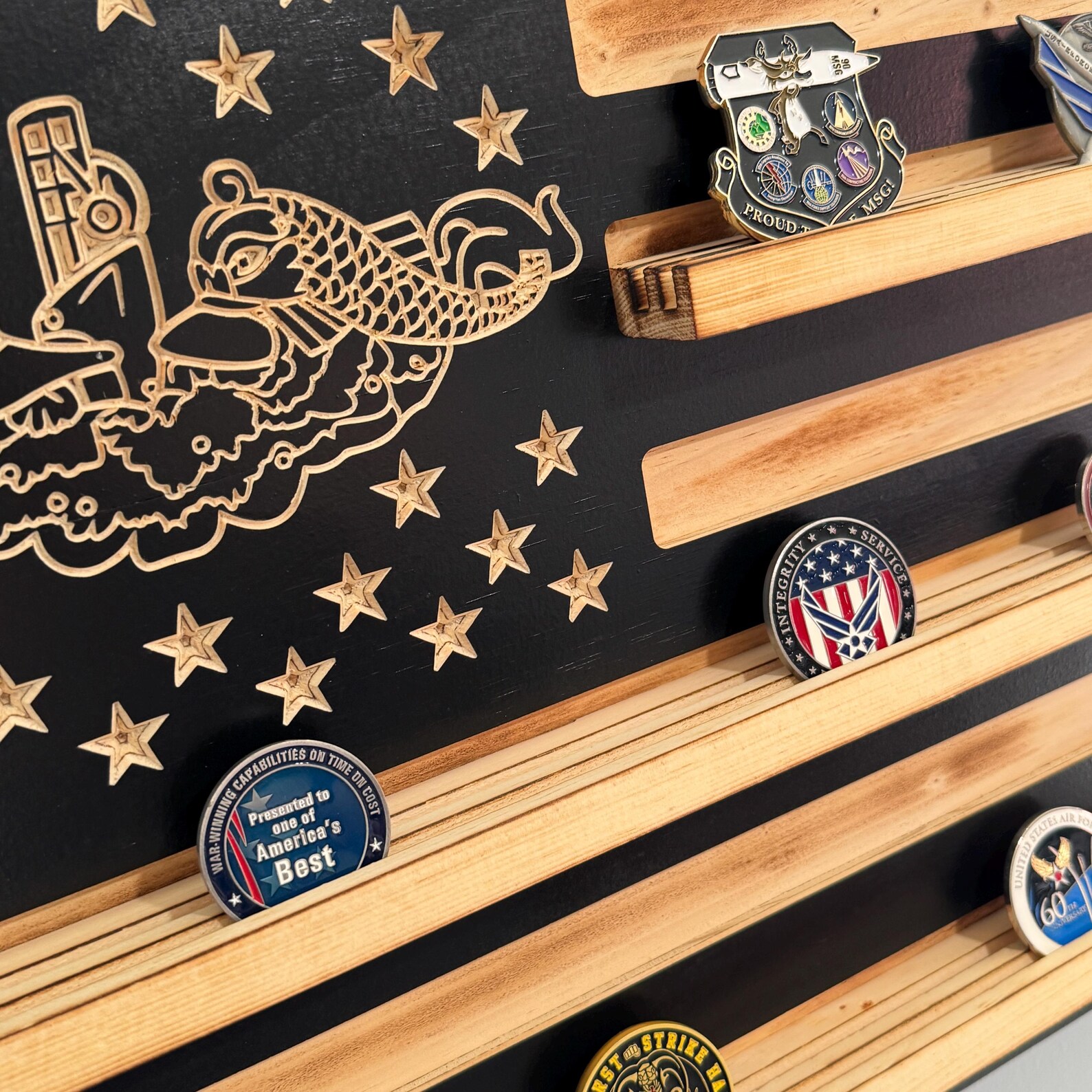 Submarine Coin Rack 70 Coins US Navy Submarine Challenge Coin Display Rack Dolphin Emblem ...