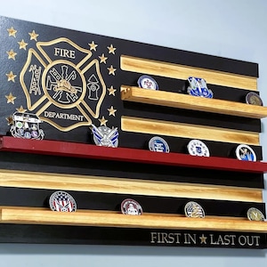 70 Challenge Coin Display Thin Red Line Maltese Cross First In Last Out Firefighter Fire Chief USA Flag Retirement Gift
