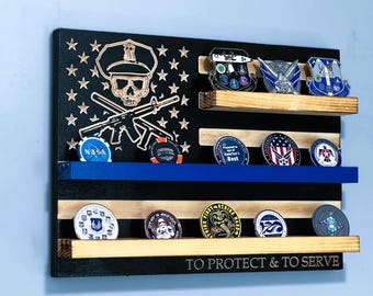 40 Coins Thin Blue Line Challenge Coin Display Wood American Flag Rustic Decor Wall Mounted Police Law Enforcement Officer Cop Dad Gift