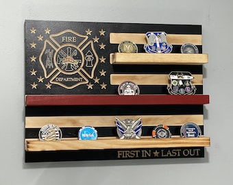 40 Coins Fireman First In Last Out Challenge Coin Display Holder Thin Red Line Maltese Cross USA Flag Firefighter Gift Fire Volunteer FD