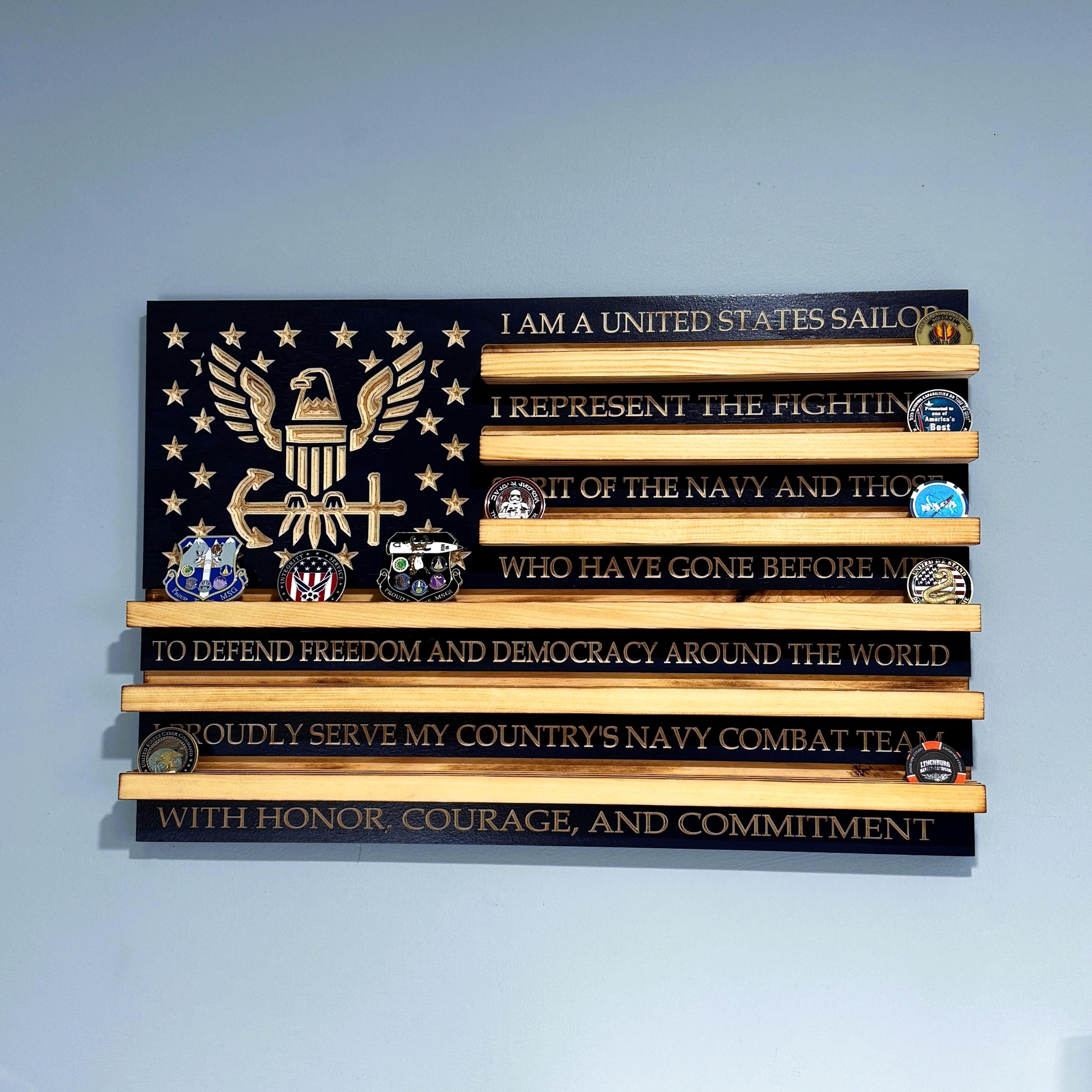 Sailor Make Rack 100 Coins US Navy Sailor's Creed Challenge Coin Display Rack Wood Flag ...