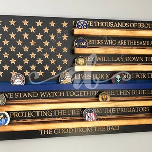 100 Coins Thin Blue Line Quote US Flag Challenge Coin Display Holder Rustic Retirement Promotion Police Officer Cop Gift LEO Wall Mounted