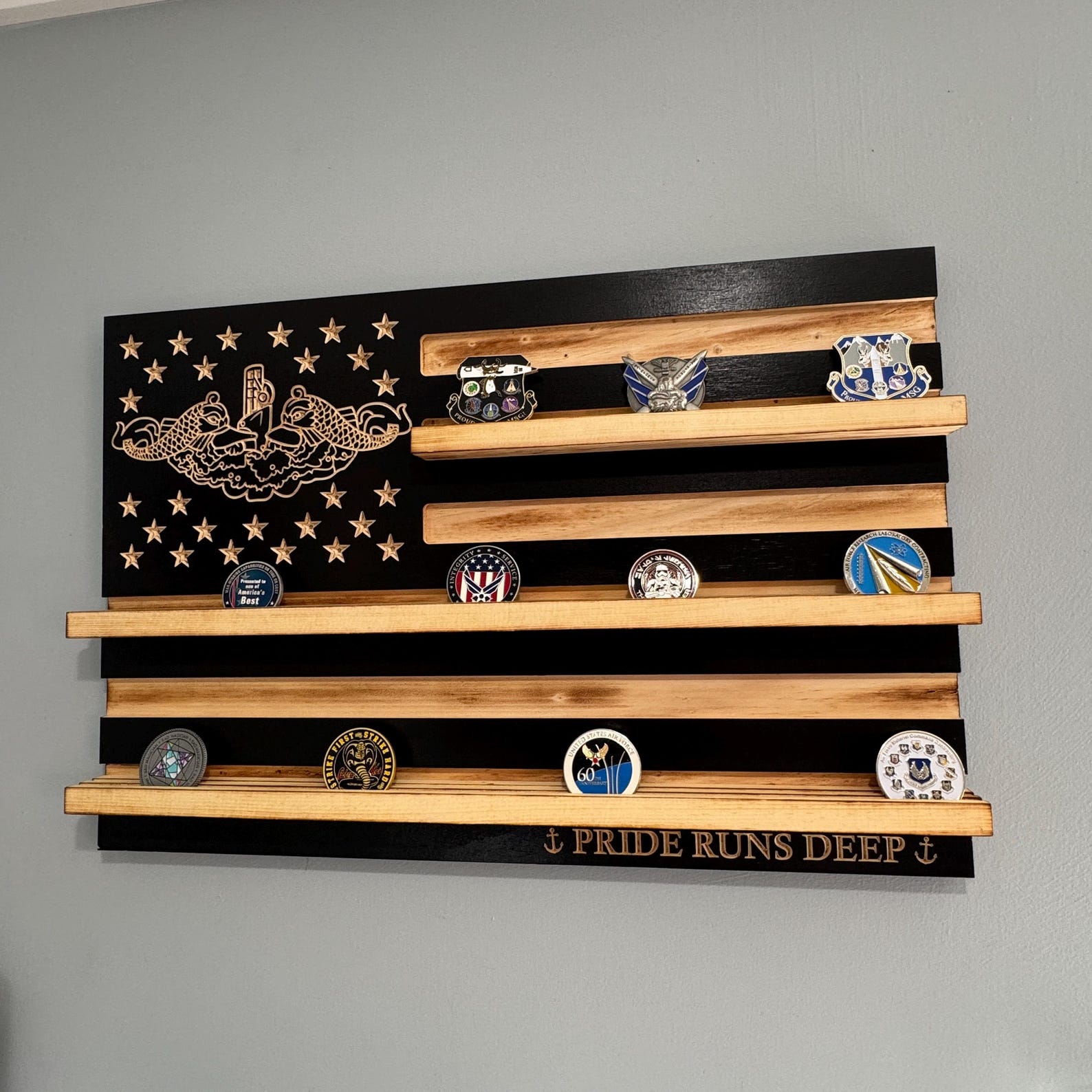 Submarine Coin Rack 70 Coins US Navy Submarine Challenge Coin Display Rack Dolphin Emblem ...