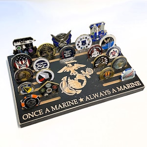 40 Coins Marines Military Challenge Coin Display USMC Eagle Globe Anchor EGA Marine Corps US Wood Desk Holder Rack Veteran Retirement