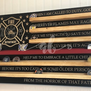 100 Coins Fireman's Prayer Creed Firefighter Motto US Flag Challenge Coin Holder Display Wood Wooden Maltese Cross Retirement Promotion Gift