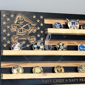 40 Coins US Navy Chief Petty Officer CPO Skull Emblem Wood Military Challenge Coin Display Holder Gift for Retirement Promotion Graduation