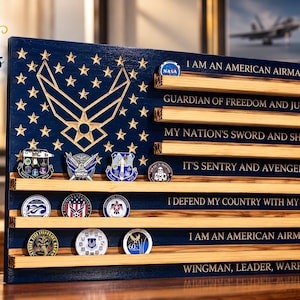 80 Coins Airman's Creed Challenge Coin Display Case Rack Holder US Air Force Wood Flag Holder Rustic Military Retirement Promotion Gift