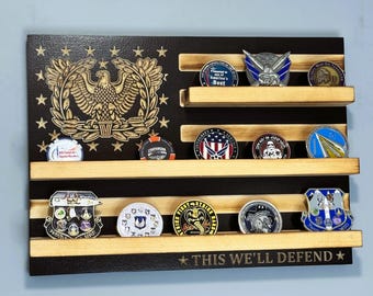 40 Coin U.S. Army Warrant Officer Challenge Coin Display, Retirement Promotion Gift, Rustic Wood Flag
