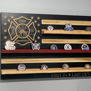 70 Challenge Coin Fireman Holder Display Thin Red Line Cross First In Last Out Firefighter Fire Chief USA Flag  Retirement Gift