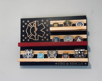 40 Coin Fire & Rescue Challenge Coin Display Thin Red Line Firefighter Wood American Flag Fire Chief Volunteer FD Promotion Retirement Gift