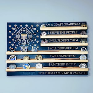 80 Coins Coast Guard CPO Creed US Flag Challenge Coin Display Holder Rack USCG Rustic Semper Paratus Retirement Promotion Gift Veteran