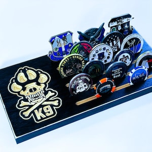 20 Coins K9 Challenge Coin Holder | Police Dog Unit Coin Display | Wooden Thin Line Flag Rack with Skull Paw Logo | Law Enforcement Gift