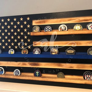 70 Coins Thin Blue Line Challenge Coin Display Holder US Flag Rustic Distressed Burned Police Police Officer Law Enforcement