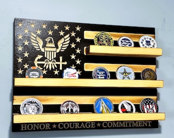 40 Coins Navy Challenge Coin Display Holder US Flag Rustic Distressed Burned Wood Retirement Promotion Gift Veteran Sailor Officer