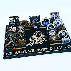 40 Coins US Navy Seabees Emblem Logo Wood Military Challenge Coin Display Holder Rack Gift for Veteran Retirement Promotion Graduation