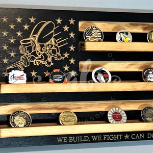 40 Coins Navy SeaBees Military Challenge Coin Display Holder Wood Flag Rustic Distressed Burned Retirement Promotion Gift 10” x 14”