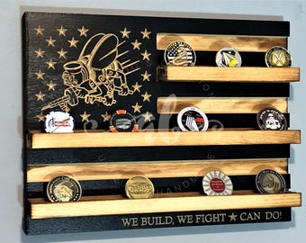 40 Coins Navy SeaBees Military Challenge Coin Display Holder Wood Flag Rustic Distressed Burned Retirement Promotion Gift 10” x 14”