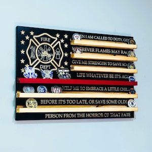 100 Coins Firefighter Challenge Coin Display Wooden Flag with Firefighter’s Prayer and Thin Red Line, Maltese Cross for First Responders