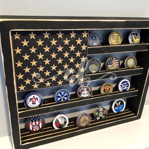 Challenge Coin Display Case Holder Box Handcrafted American Wood Flag Promotion Retirement Gift Army Navy Air Force Marines Veteran Dad Gift