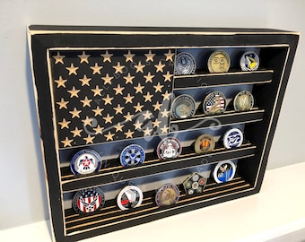 Challenge Coin Display Case Holder Box Handcrafted American Wood Flag Promotion Retirement Gift Army Navy Air Force Marines Veteran Dad Gift