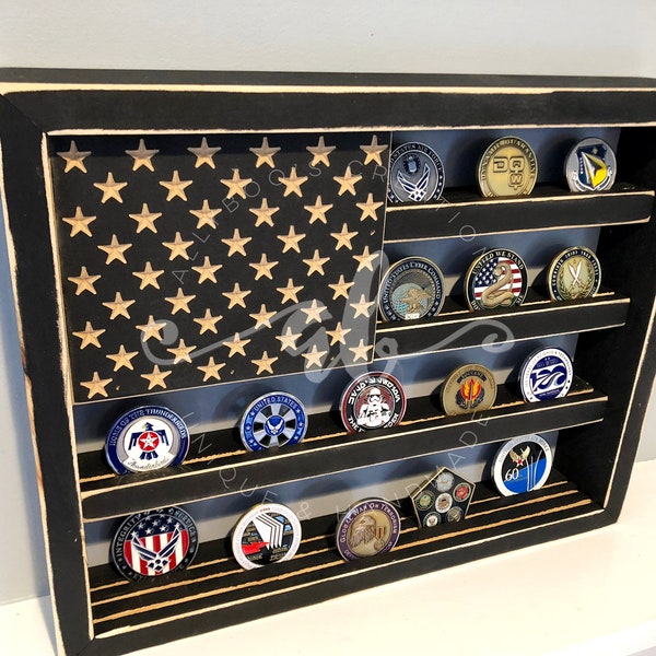 Challenge Coin Display Case Holder Box Handcrafted American Wood Flag Promotion Retirement Gift Army Navy Air Force Marines Veteran Dad Gift