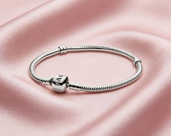 Pandora Moments Herz Verschluss Schlangenkette Armband, ME Serie Bettelarmband, Schlichter Silber Armreif für Frauen Schmuck Stil