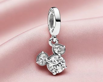 Charm colgante con silueta de cabeza brillante de Mickey Mouse, en plata de ley 925, compatible con pulseras Pandora, ideal como regalo para mujer.