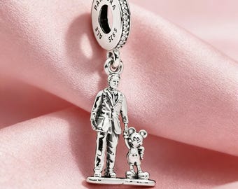 Dije colgante de plata con la estatua de Walt y Mickey, de plata de ley 925, compatible con pulseras Pandora, inspirado en el regalo perfecto para niñas y mujeres.