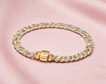Pandora 14K Gold Plated Two-tone Pavé Cuban Chain Bracelet, ME Series Charm Bracelet, Simple Delicate Silver Bangle for Women Jewelry Style